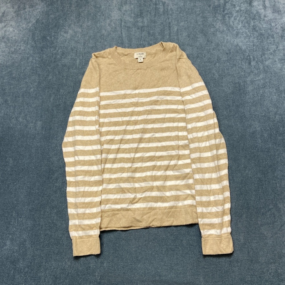 J.Crew Teddie Sweater Womens Medium Beige White Striped Ribbed Hem Winter Warm